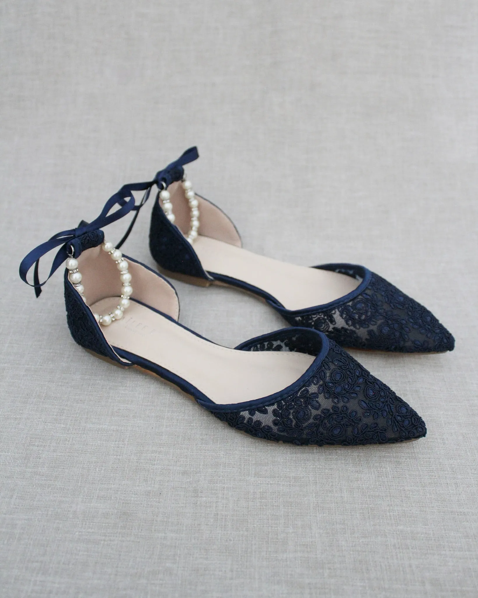 Crochet Lace Pointy Toe with Pearls Ankle Strap