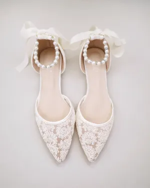 Crochet Lace Pointy Toe with Pearls Ankle Strap