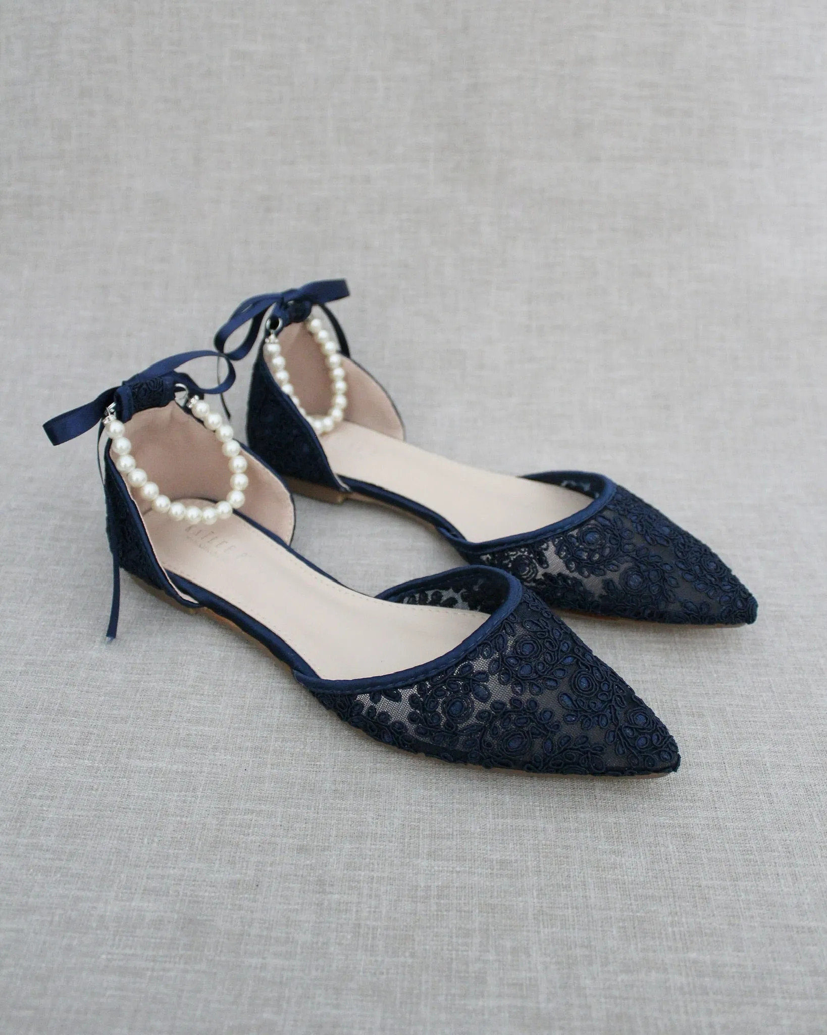 Crochet Lace Pointy Toe with Pearls Ankle Strap
