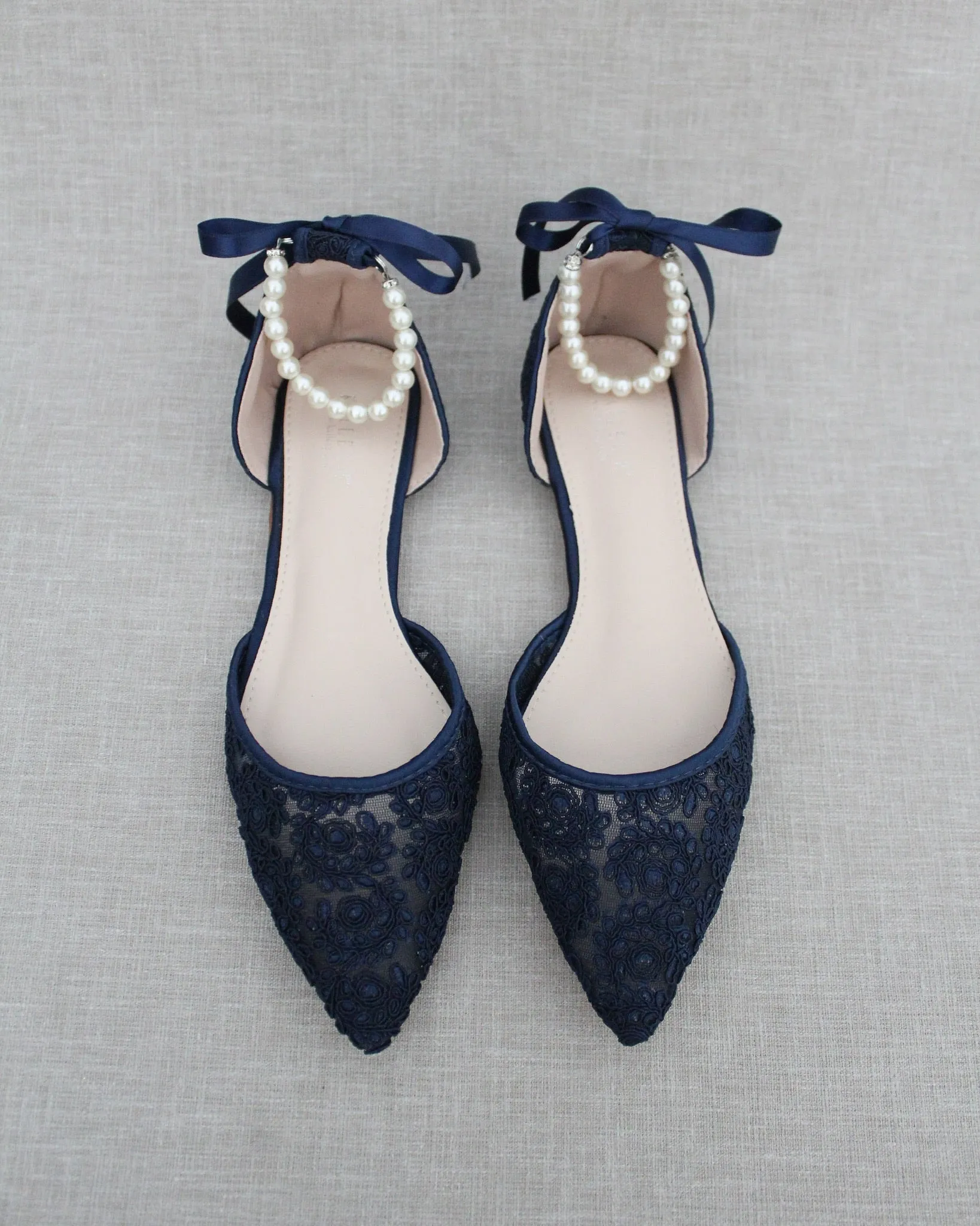 Crochet Lace Pointy Toe with Pearls Ankle Strap