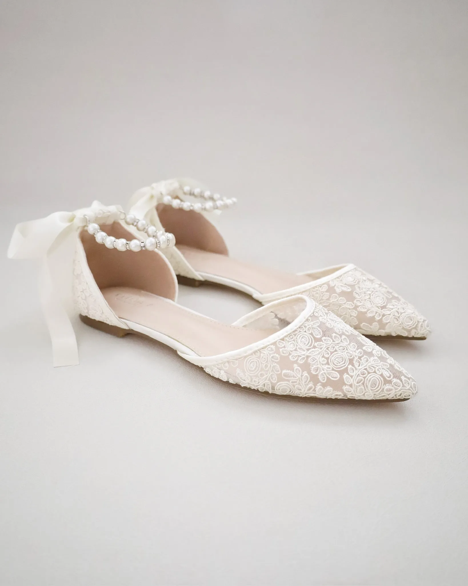 Crochet Lace Pointy Toe with Pearls Ankle Strap