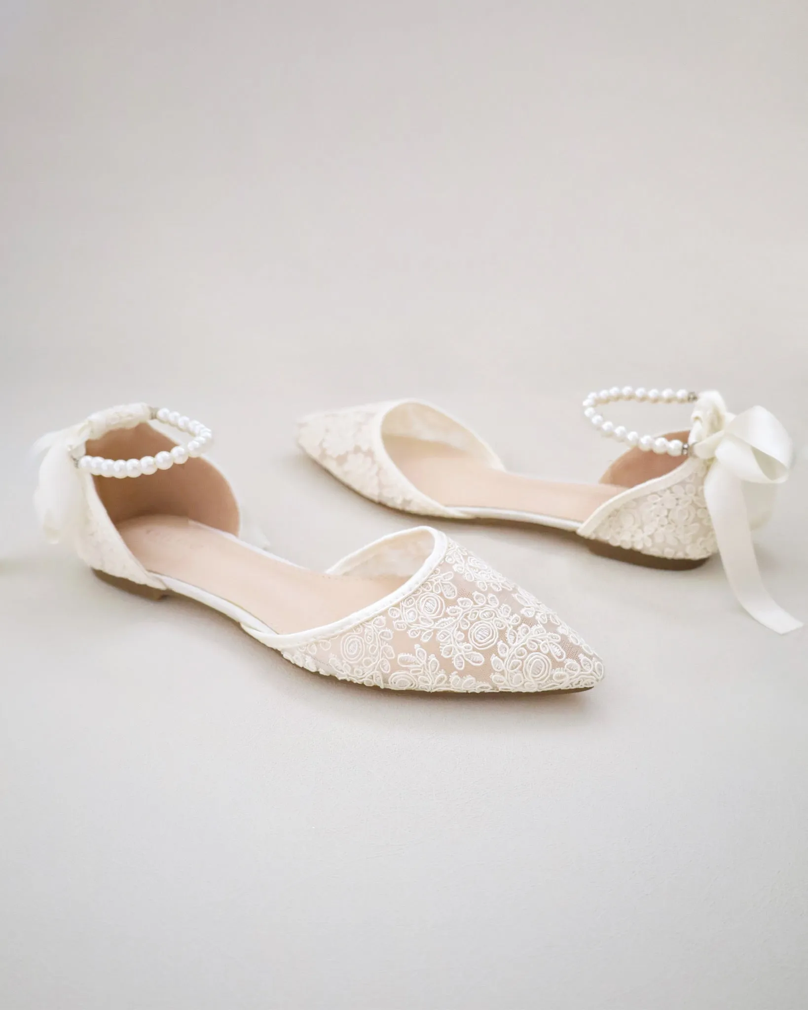 Crochet Lace Pointy Toe with Pearls Ankle Strap