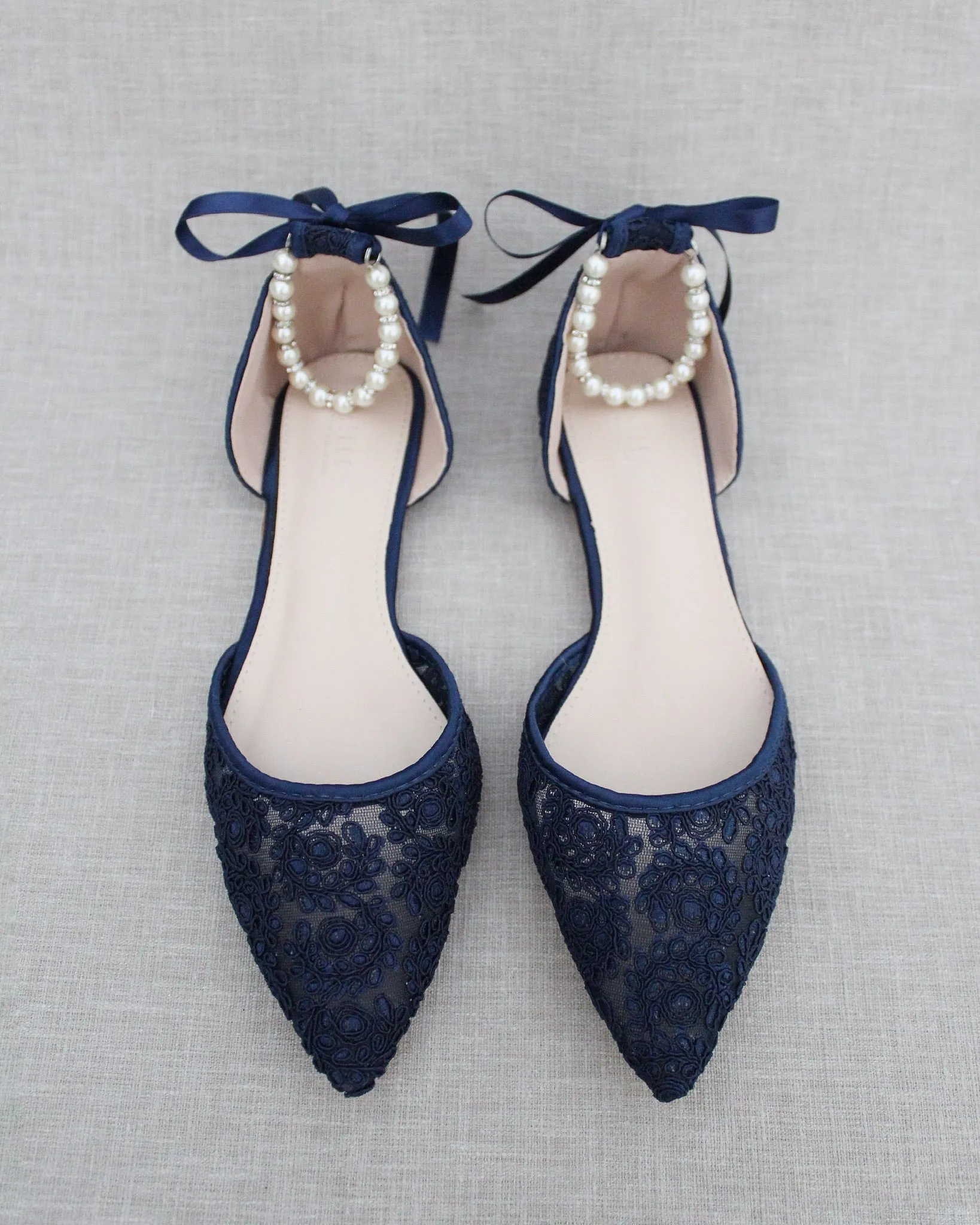 Crochet Lace Pointy Toe with Pearls Ankle Strap