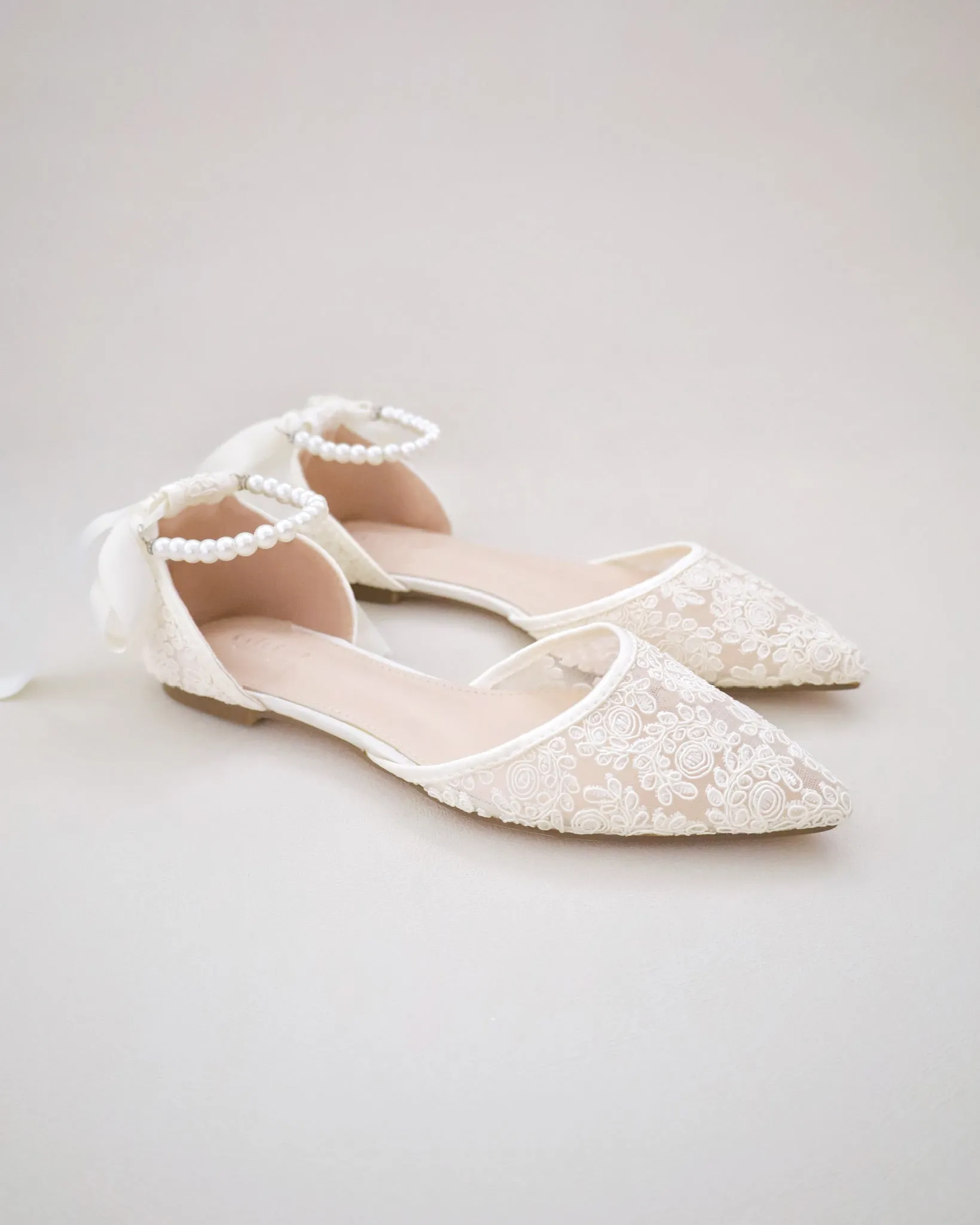 Crochet Lace Pointy Toe with Pearls Ankle Strap