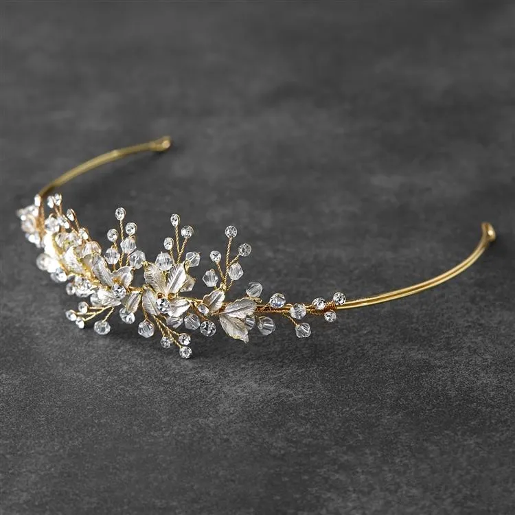 Crystals and Hand Painted Silvery Gold Leaves Bridal Tiara