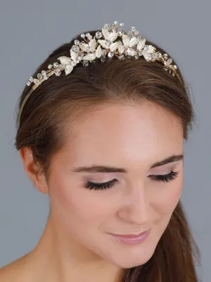 Crystals and Hand Painted Silvery Gold Leaves Bridal Tiara