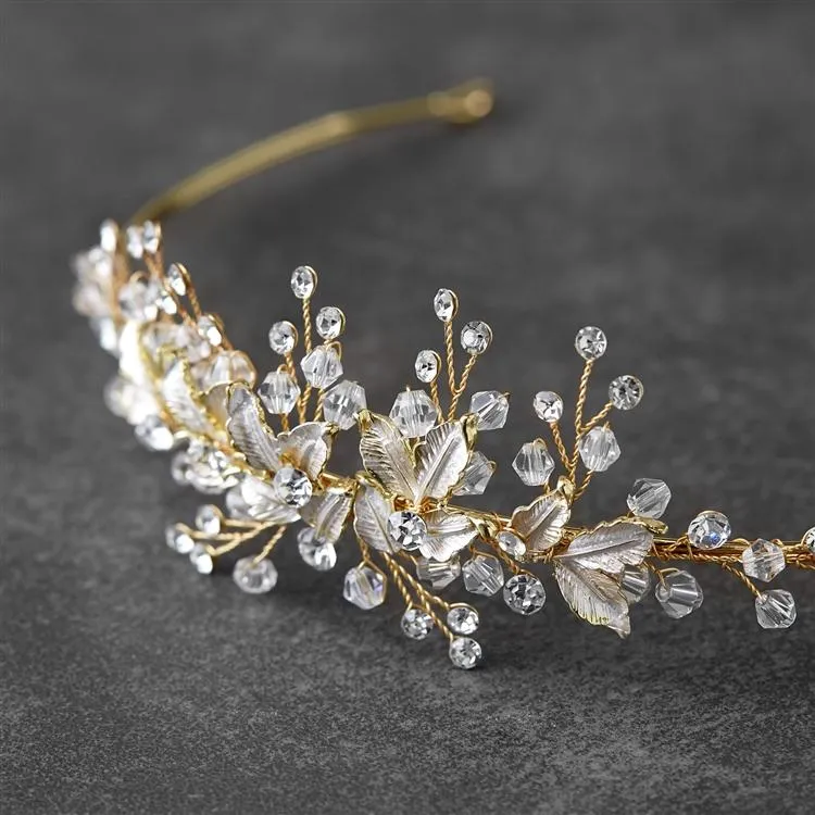 Crystals and Hand Painted Silvery Gold Leaves Bridal Tiara