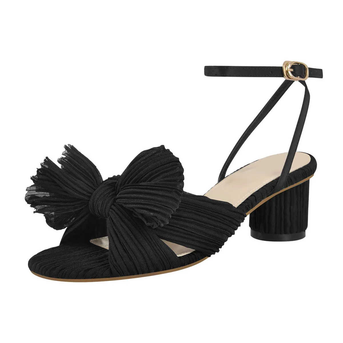 Cylindrical Chunky Heel Pleated Bow Sandals