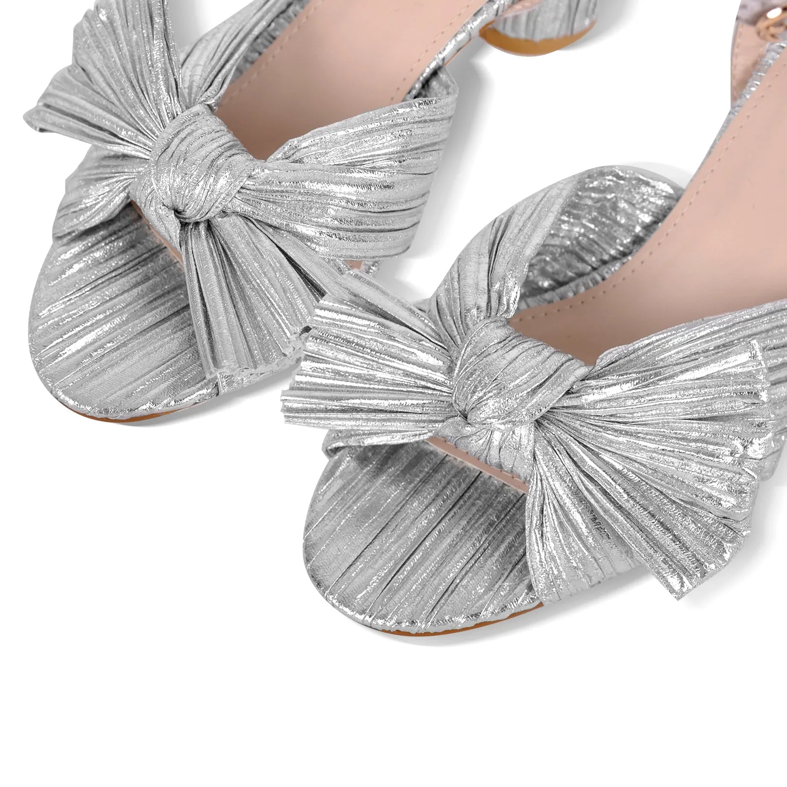 Cylindrical Chunky Heel Pleated Bow Sandals