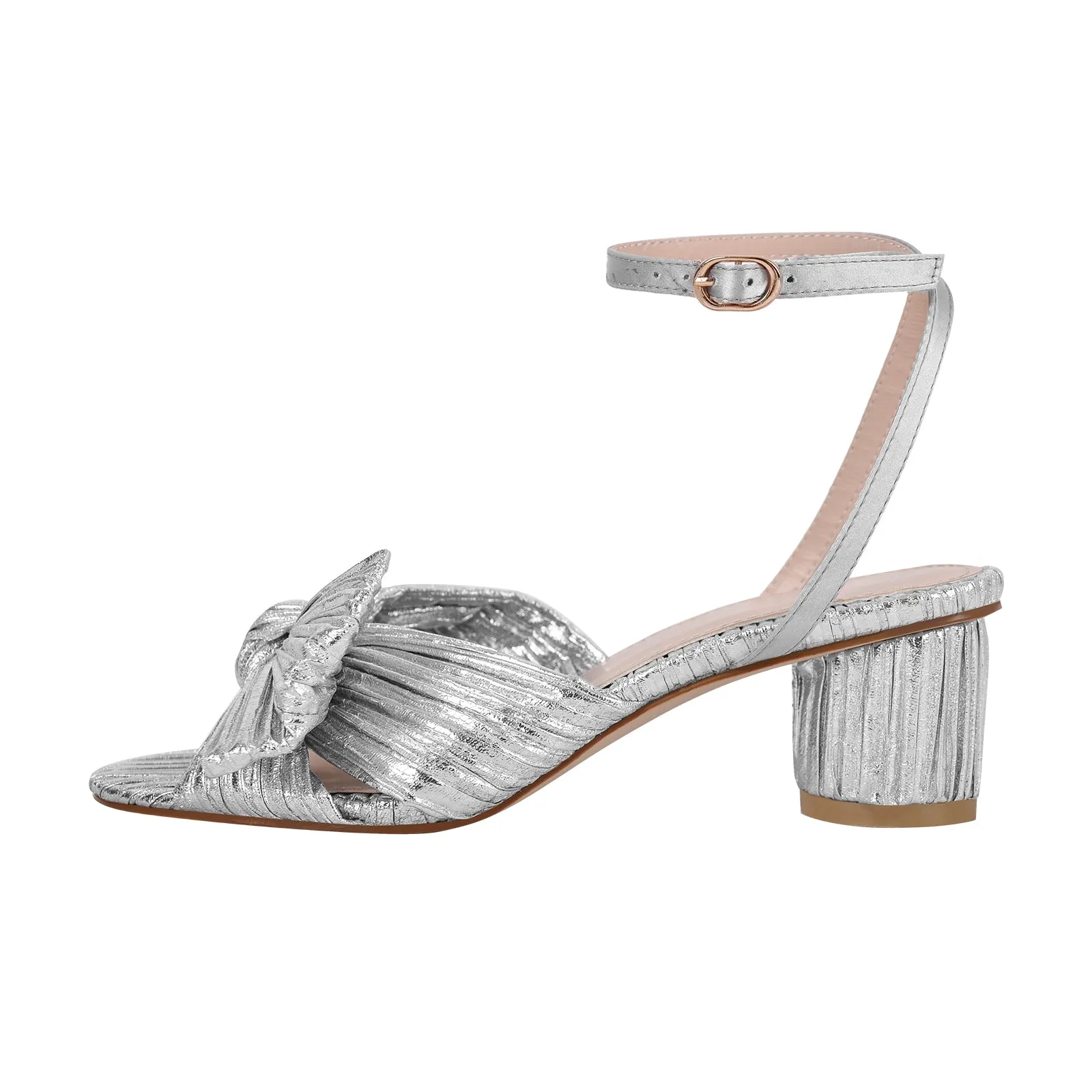 Cylindrical Chunky Heel Pleated Bow Sandals