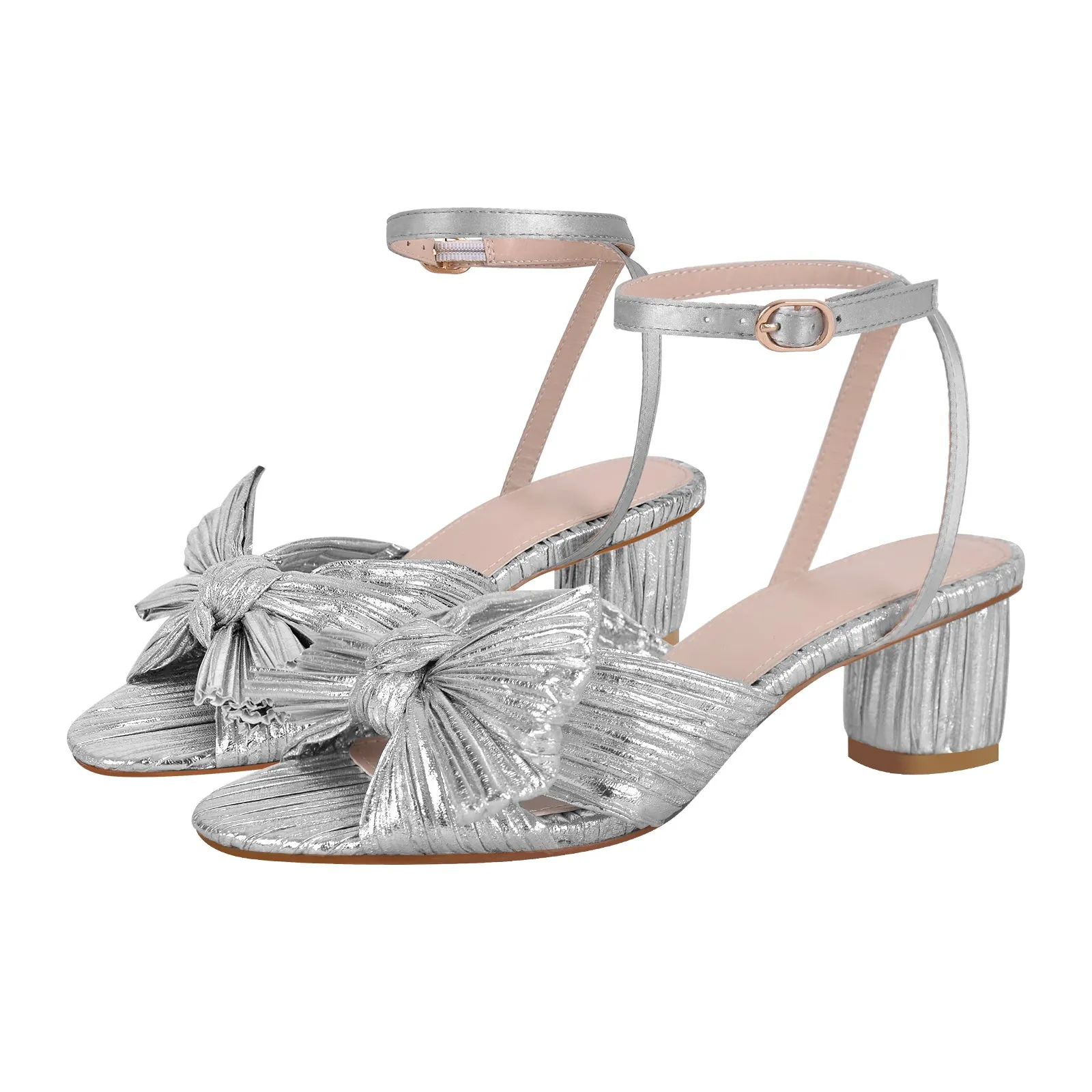 Cylindrical Chunky Heel Pleated Bow Sandals