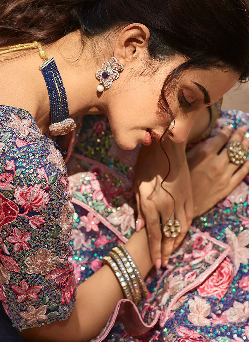 Dark Blue Net Multi Embroidered Wedding Lehenga Choli