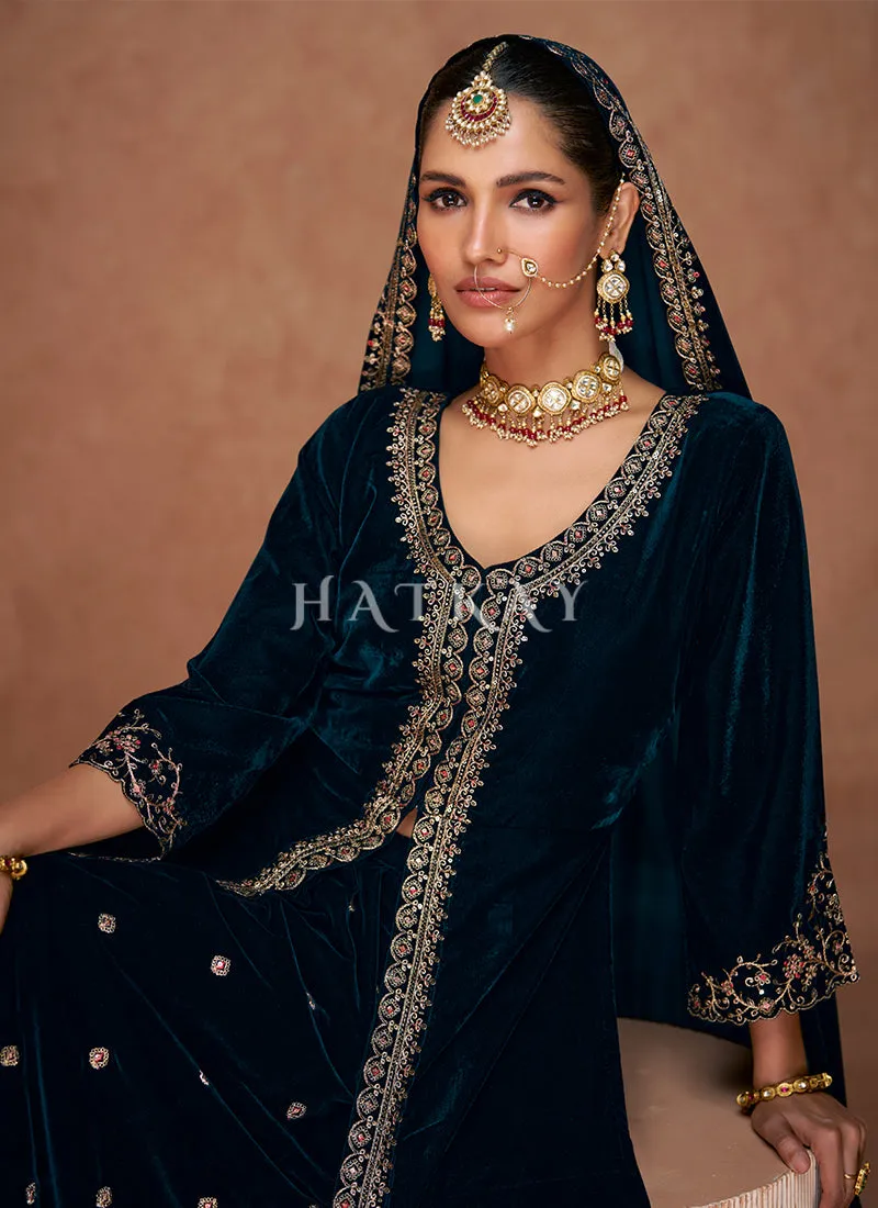 Dark Blue Slit Style Velvet Anarkali Lehenga