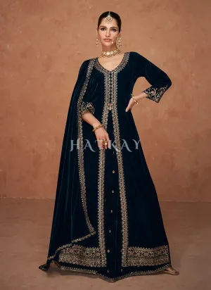 Dark Blue Slit Style Velvet Anarkali Lehenga