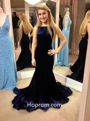 Dark Blue Velvet Prom Dresses Mermaid Blue Velvet Evening Dress