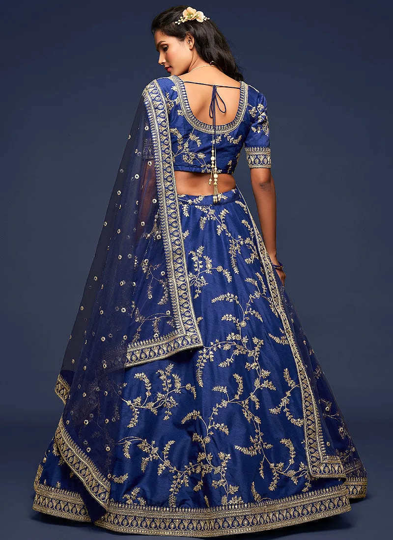 Dark Blue Zari Embroidered Silk Lehenga Choli