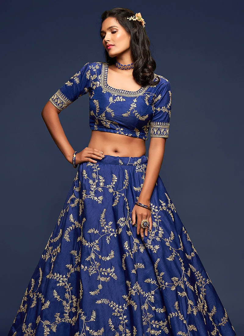 Dark Blue Zari Embroidered Silk Lehenga Choli