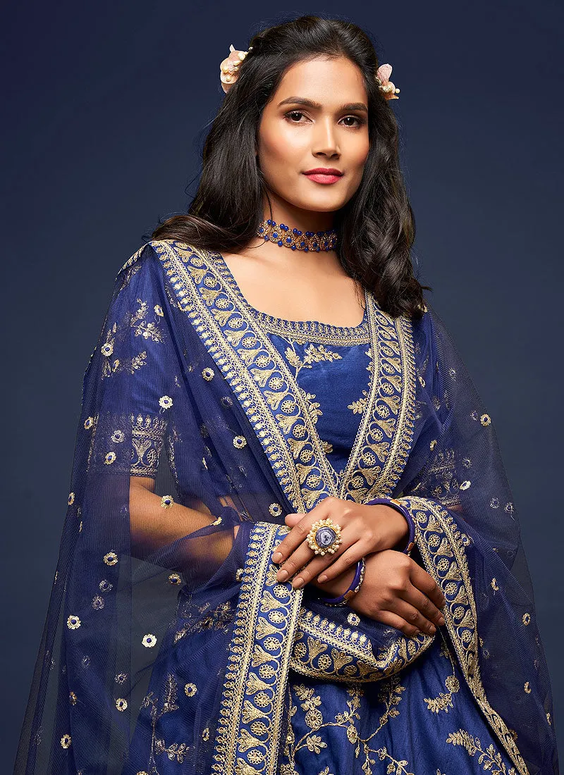 Dark Blue Zari Embroidered Silk Lehenga Choli