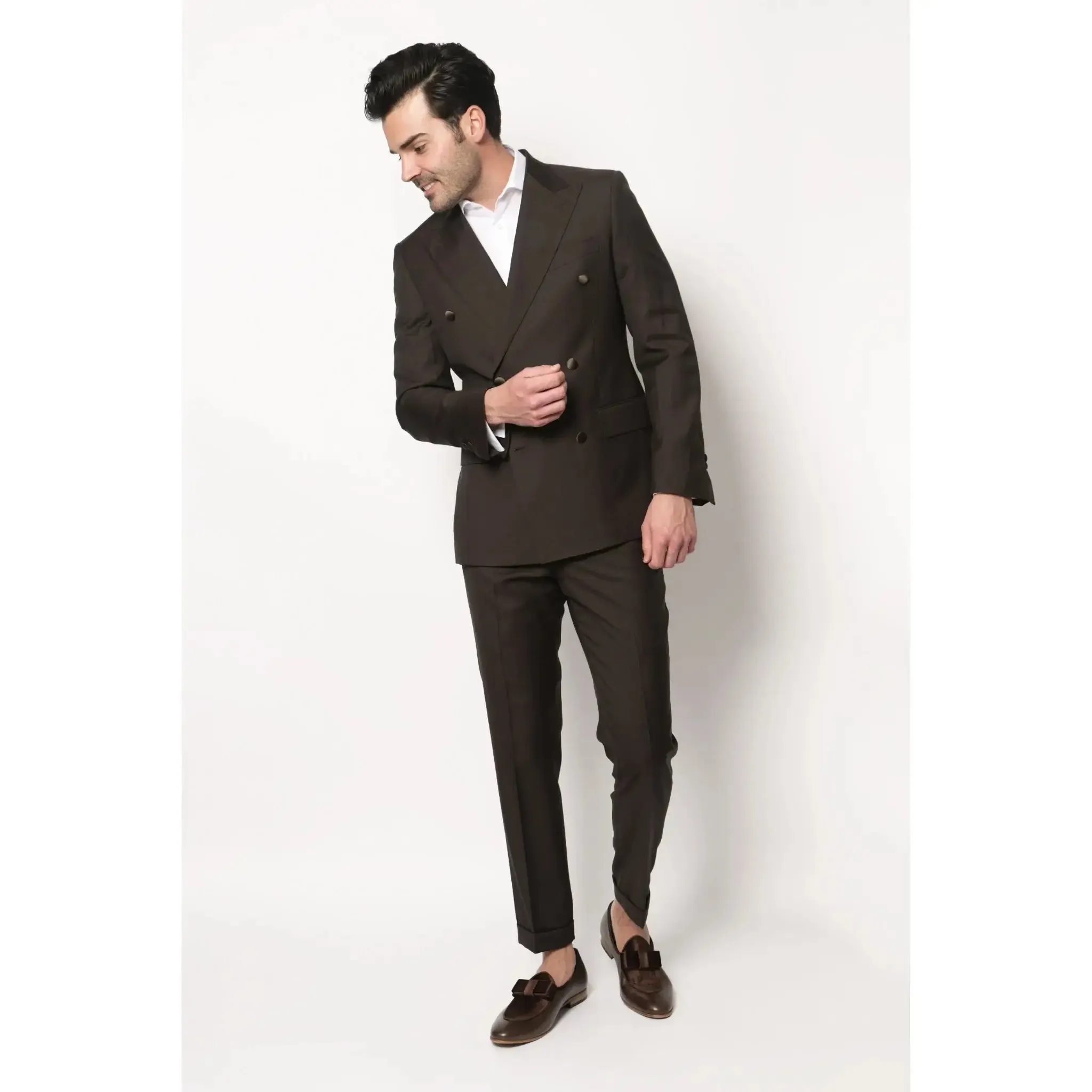 Dark Chocolate Brown Men's Slim Fit Italian Wool Trousers with Folded Hemline