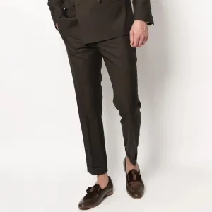 Dark Chocolate Brown Men's Slim Fit Italian Wool Trousers with Folded Hemline