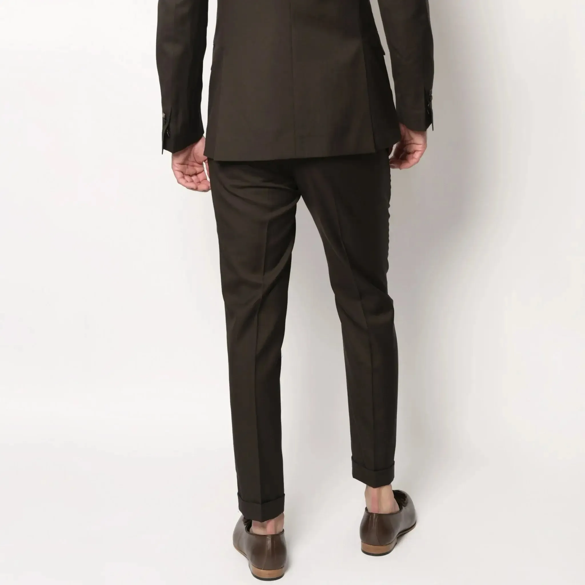 Dark Chocolate Brown Men's Slim Fit Italian Wool Trousers with Folded Hemline