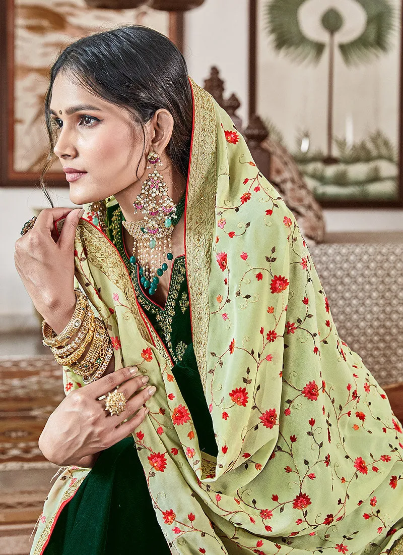 Dark Green Velvet Embroidered Palazzo Suit