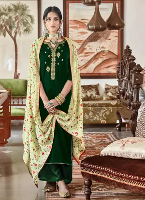 Dark Green Velvet Embroidered Palazzo Suit