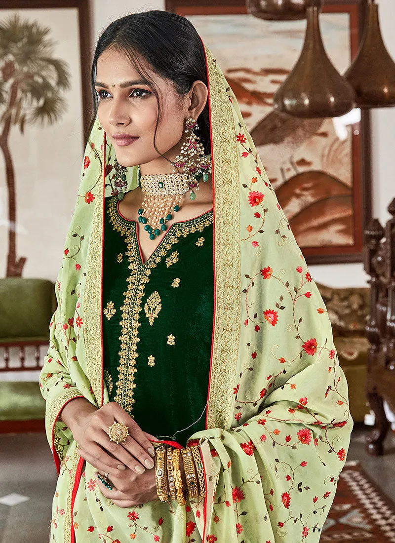 Dark Green Velvet Embroidered Palazzo Suit
