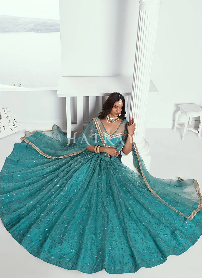 Deep Aqua Embroidered Party Wear Lehenga Choli