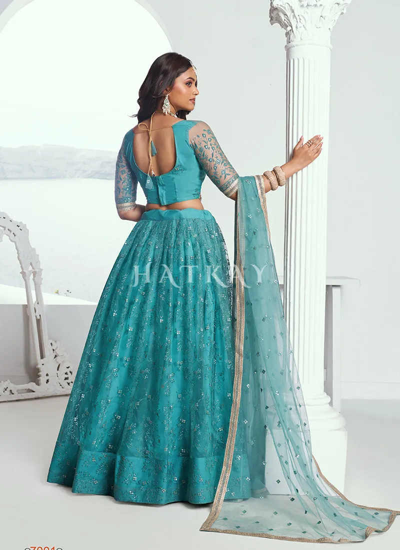 Deep Aqua Embroidered Party Wear Lehenga Choli
