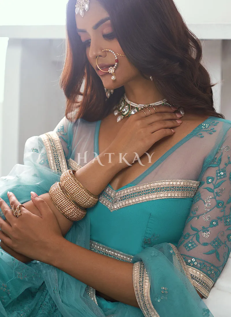 Deep Aqua Embroidered Party Wear Lehenga Choli