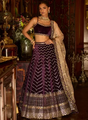 Deep Purple Embroidered Velvet Lehenga