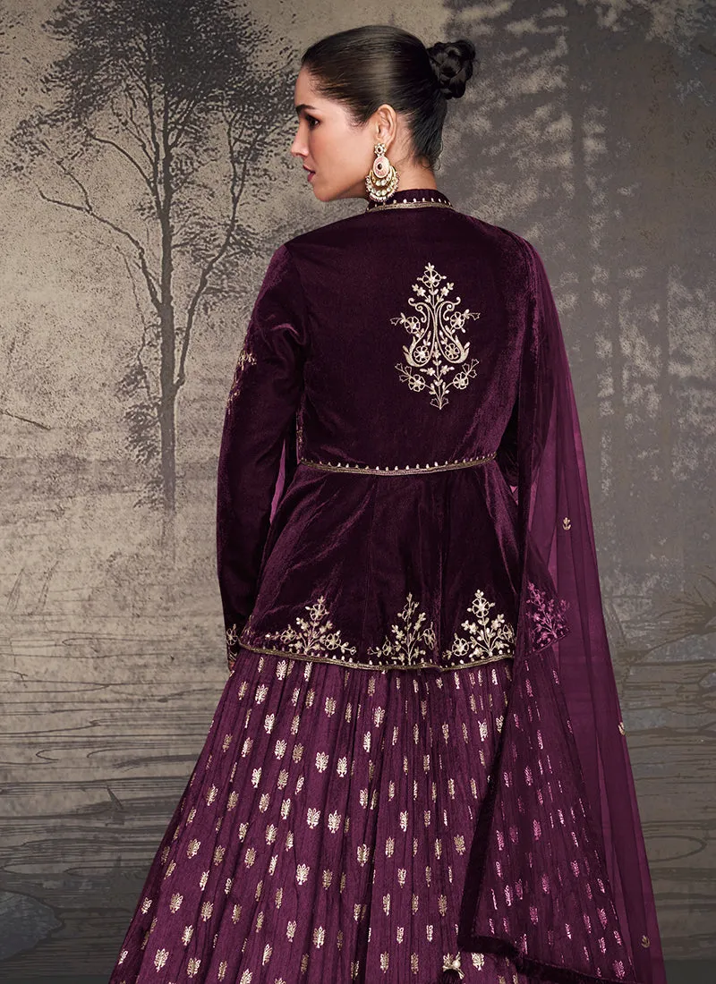 Deep Purple Golden Embroidery Peplum Style Lehenga
