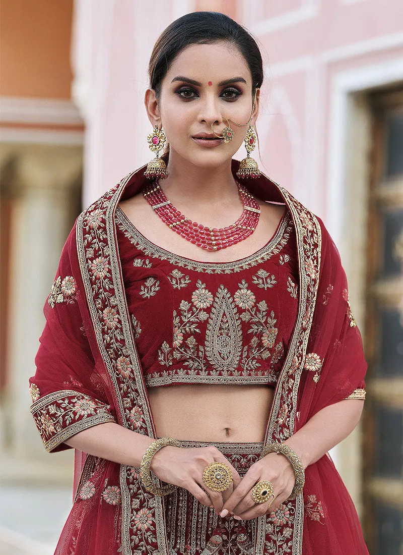 Deep Red Embroidered Velvet Wedding Lehenga Choli