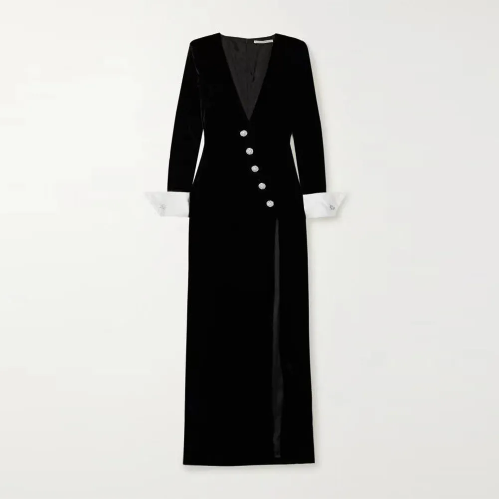 Deep V High Slit Velvet Maxi Dress