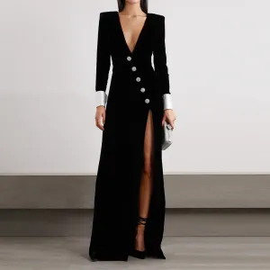 Deep V High Slit Velvet Maxi Dress