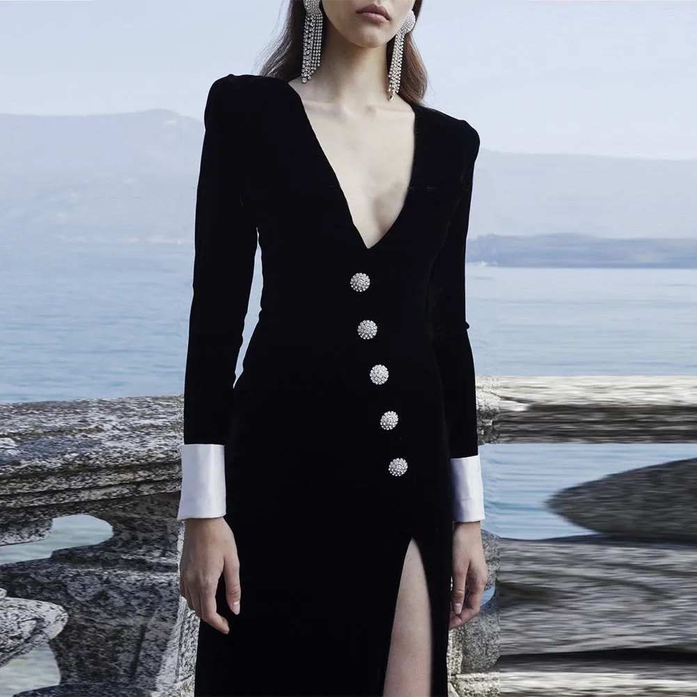 Deep V High Slit Velvet Maxi Dress