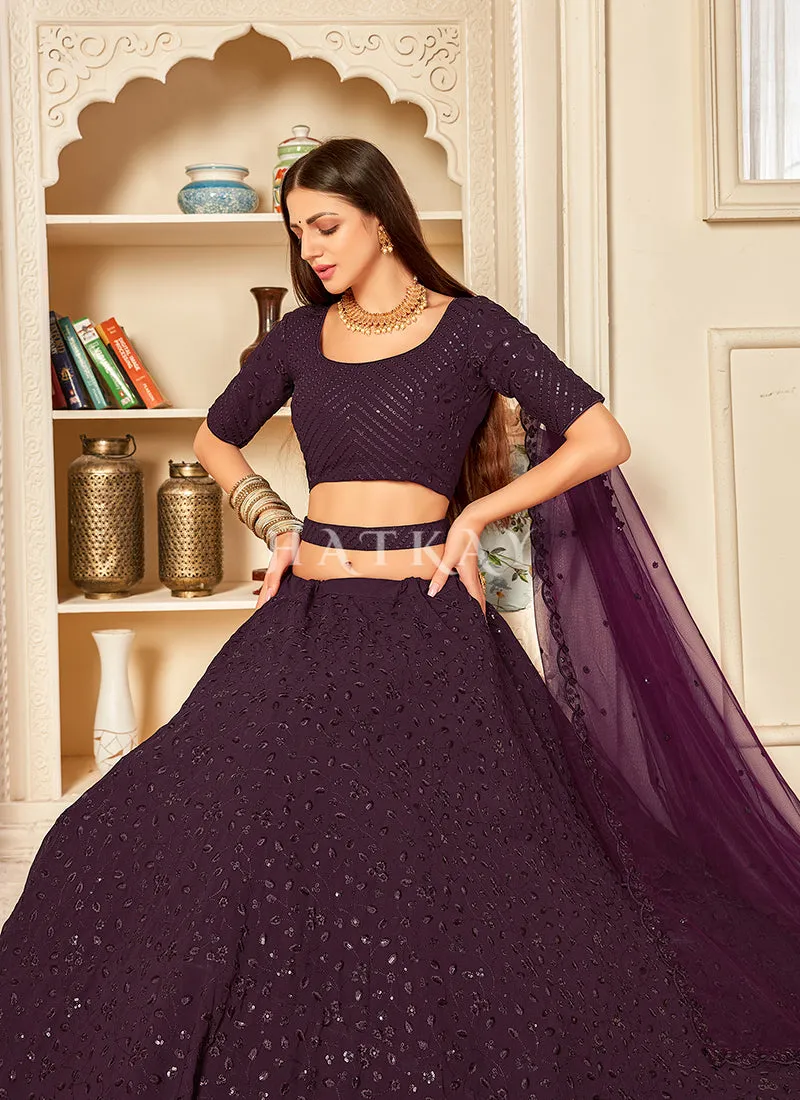 Deep Wine Sequence Embroidered Festive Lehenga