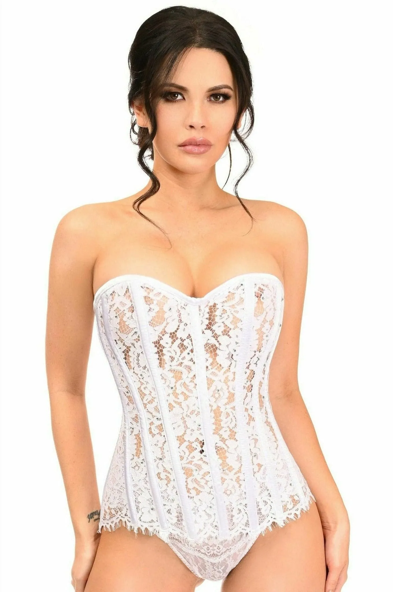 Deluxe White Lace Steel Boned Corset with Rhinestones