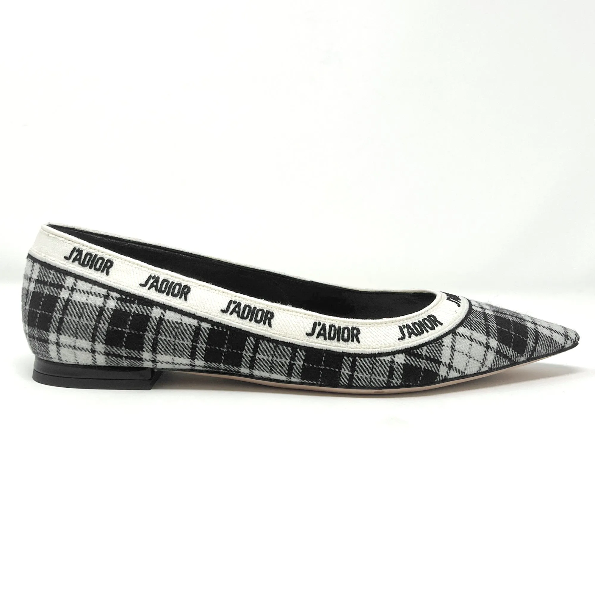 Dior J'Adior Black White Wool Tartan Print Logo Ribbon Trim Pointed Toe Flats Size EU 38