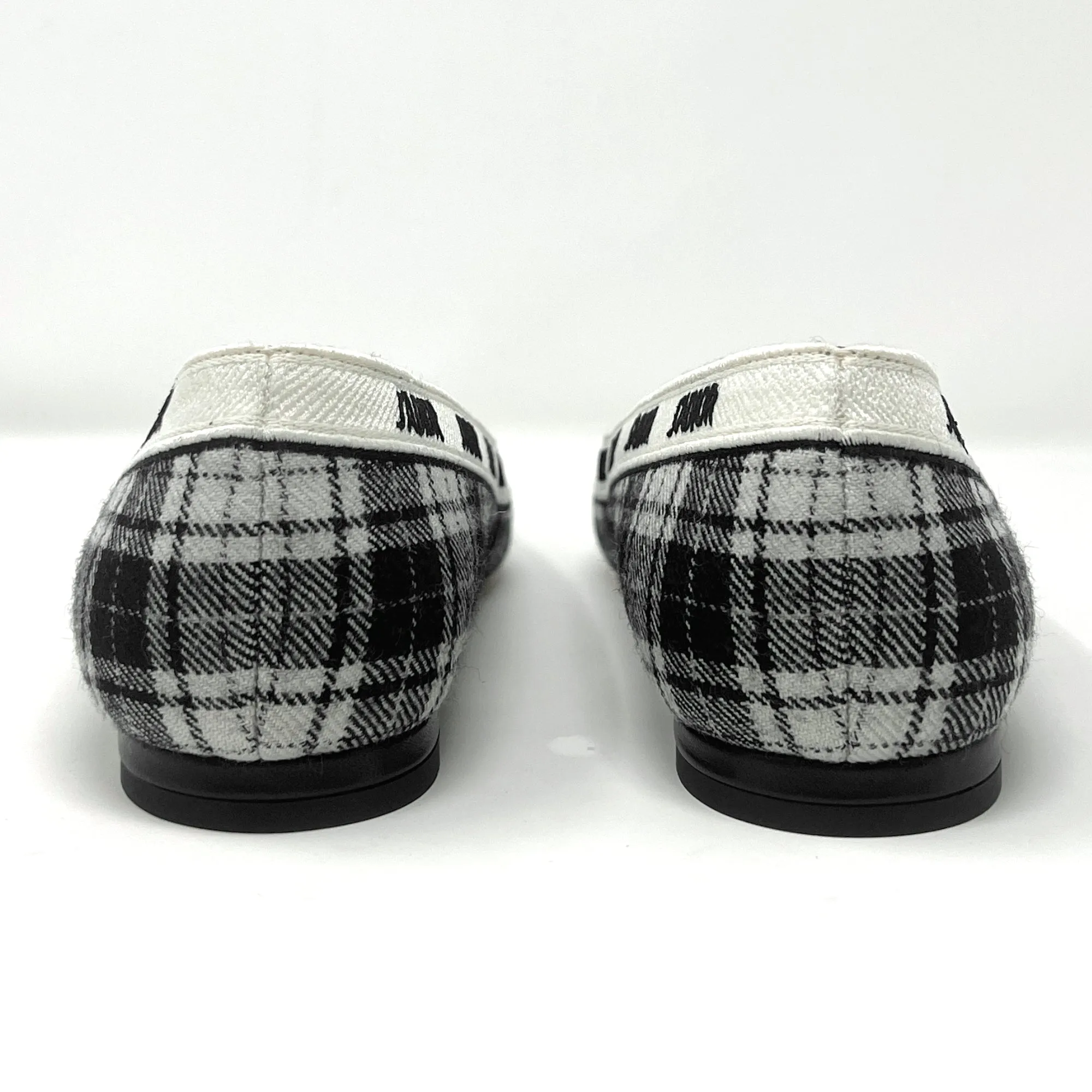 Dior J'Adior Black White Wool Tartan Print Logo Ribbon Trim Pointed Toe Flats Size EU 38