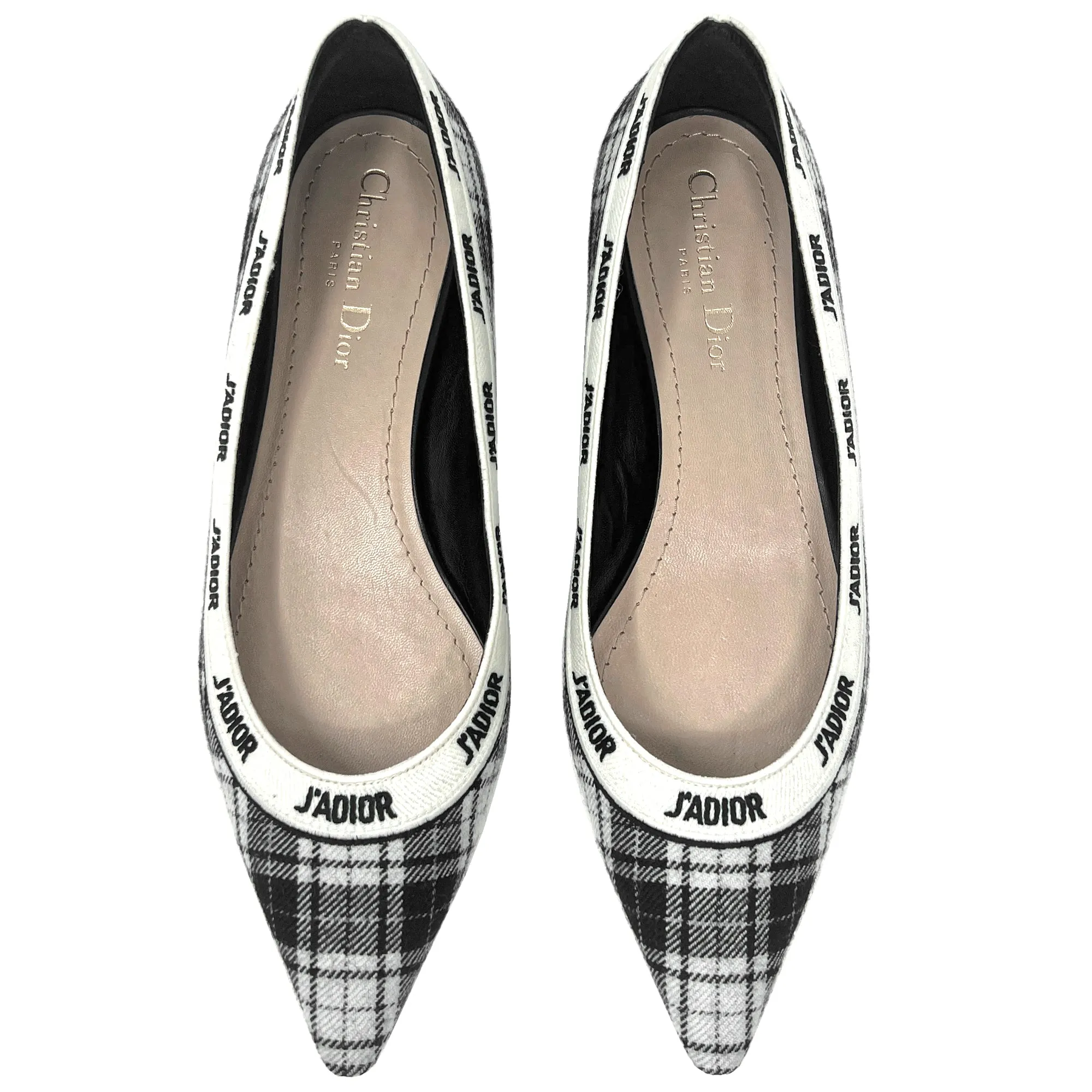 Dior J'Adior Black White Wool Tartan Print Logo Ribbon Trim Pointed Toe Flats Size EU 38