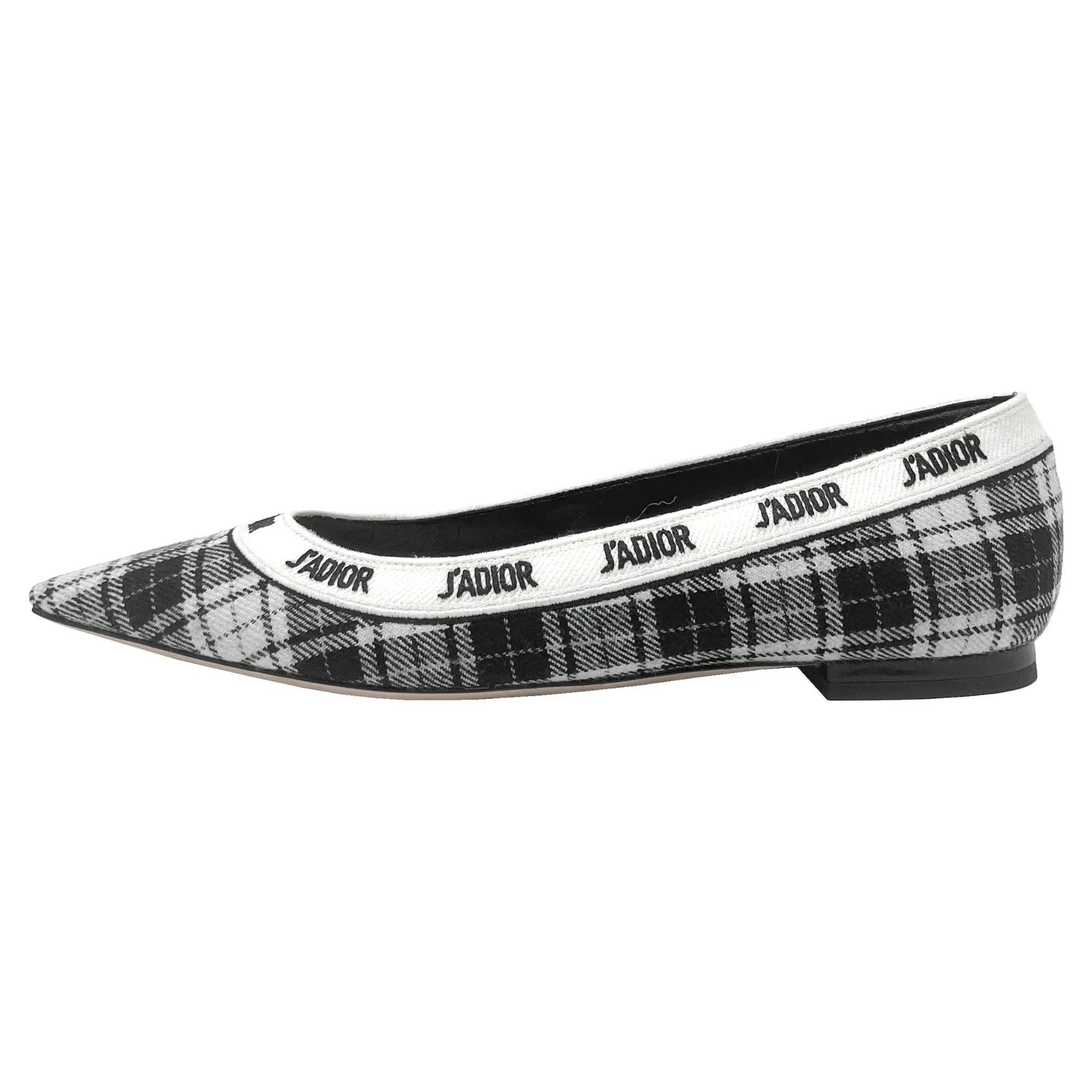 Dior J'Adior Black White Wool Tartan Print Logo Ribbon Trim Pointed Toe Flats Size EU 38