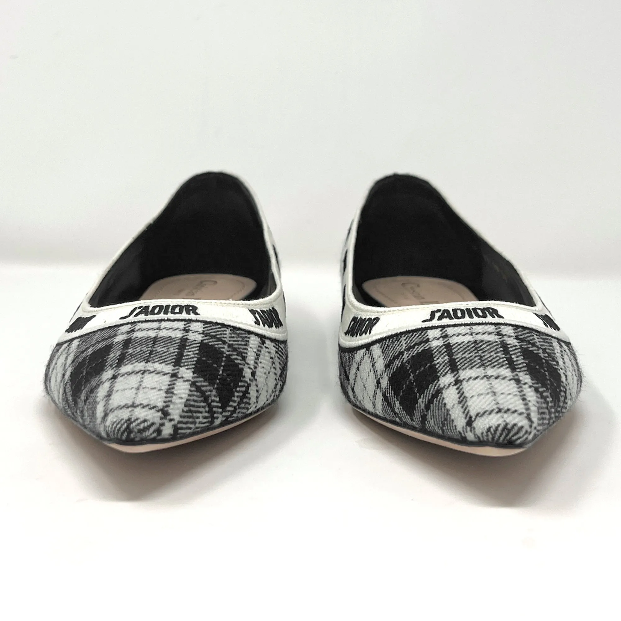 Dior J'Adior Black White Wool Tartan Print Logo Ribbon Trim Pointed Toe Flats Size EU 38