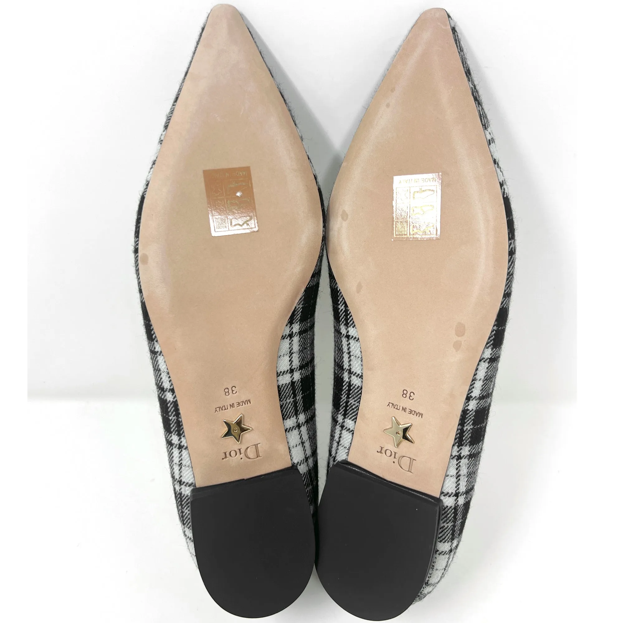 Dior J'Adior Black White Wool Tartan Print Logo Ribbon Trim Pointed Toe Flats Size EU 38