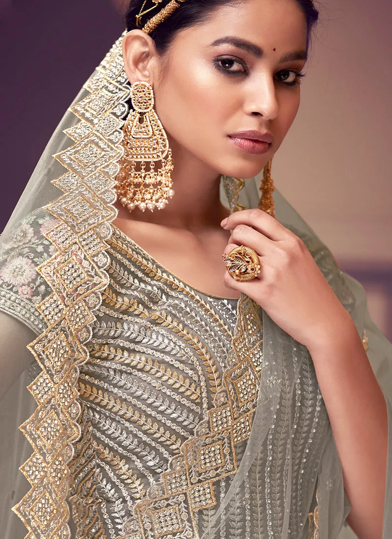 Dusty Grey Floral Embroidered Wedding Lehenga Choli
