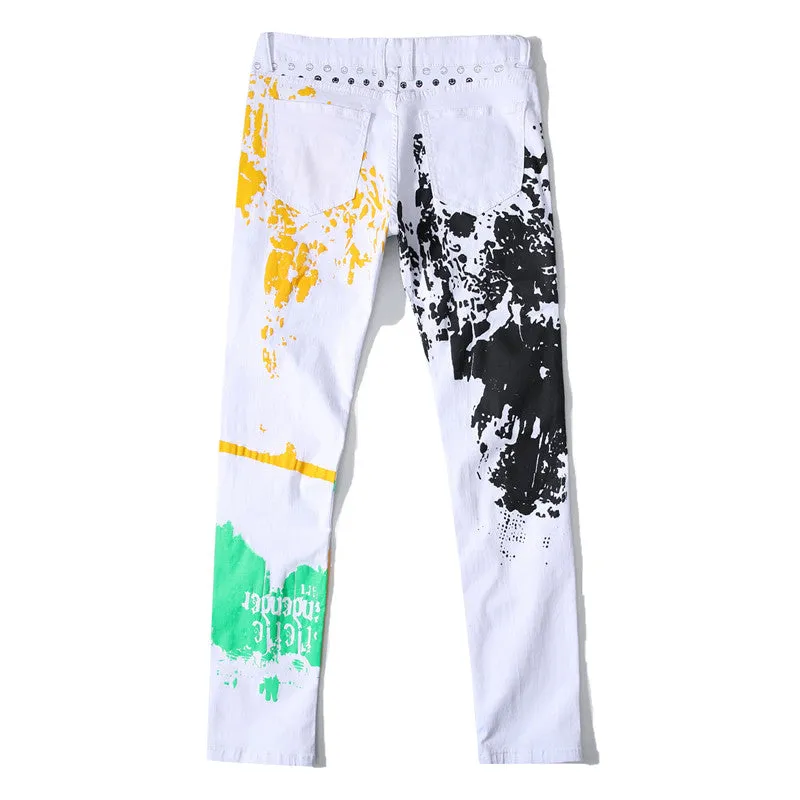 Elasticity Men's Jeans White Printed Mid Waist Jeans Straight Pants