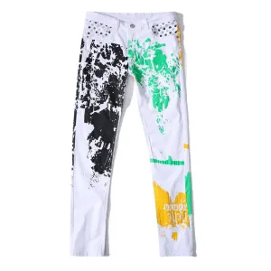 Elasticity Men's Jeans White Printed Mid Waist Jeans Straight Pants