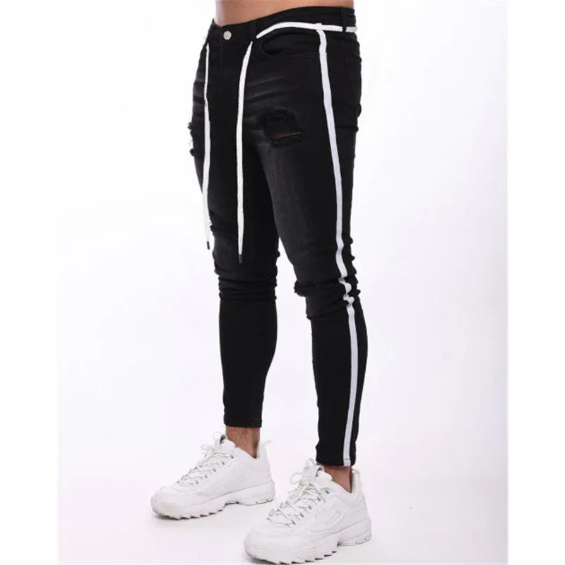 Elasticity Men's Ripped Jeans Slim Mid Waisted Jeans Pencil Pants