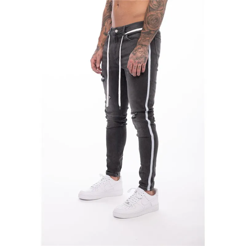 Elasticity Men's Ripped Jeans Slim Mid Waisted Jeans Pencil Pants